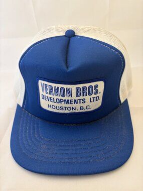 Vintage Vernon Bros Developments Houston BC Trucker Hat Blue White Snapback